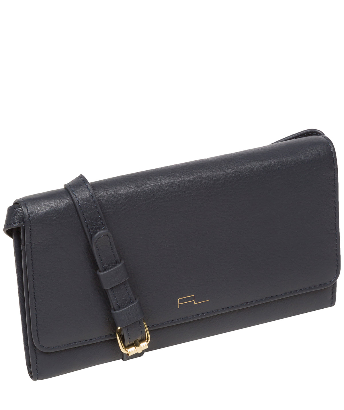 Navy leather bag back view with adjustable crossbody strap