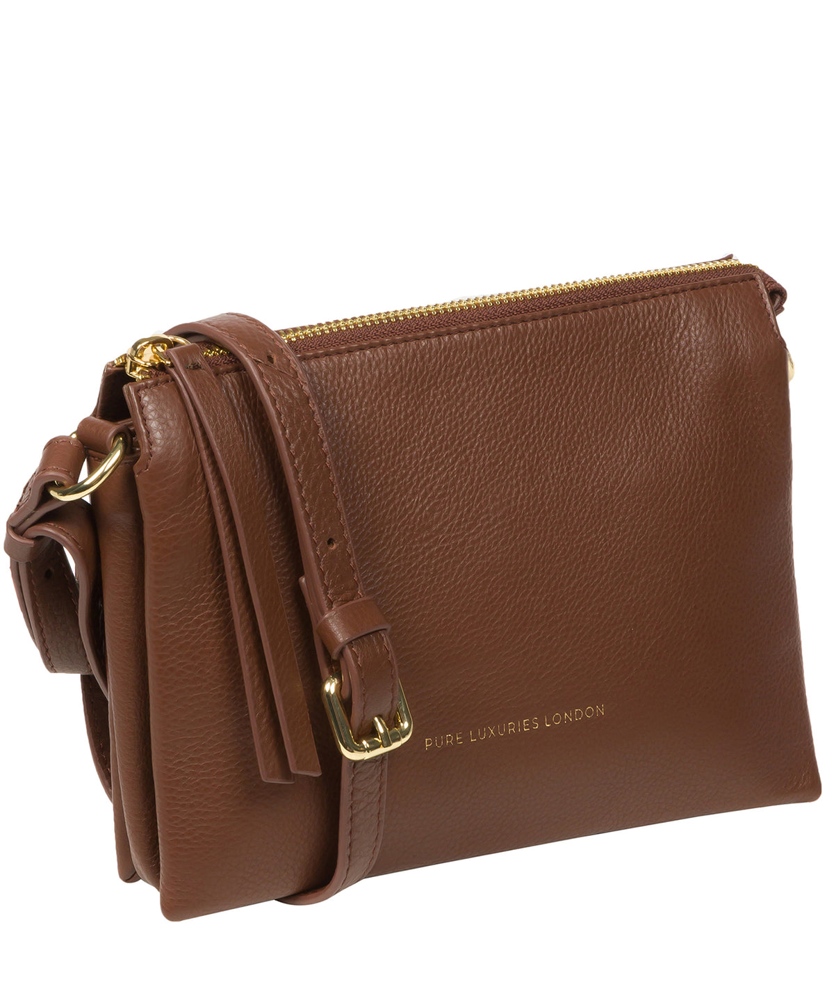 Adjustable shoulder strap on dark tan leather crossbody bag