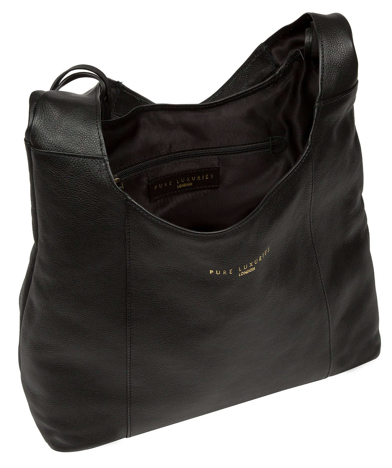 Interior zip pocket detail of Nina black leather bag