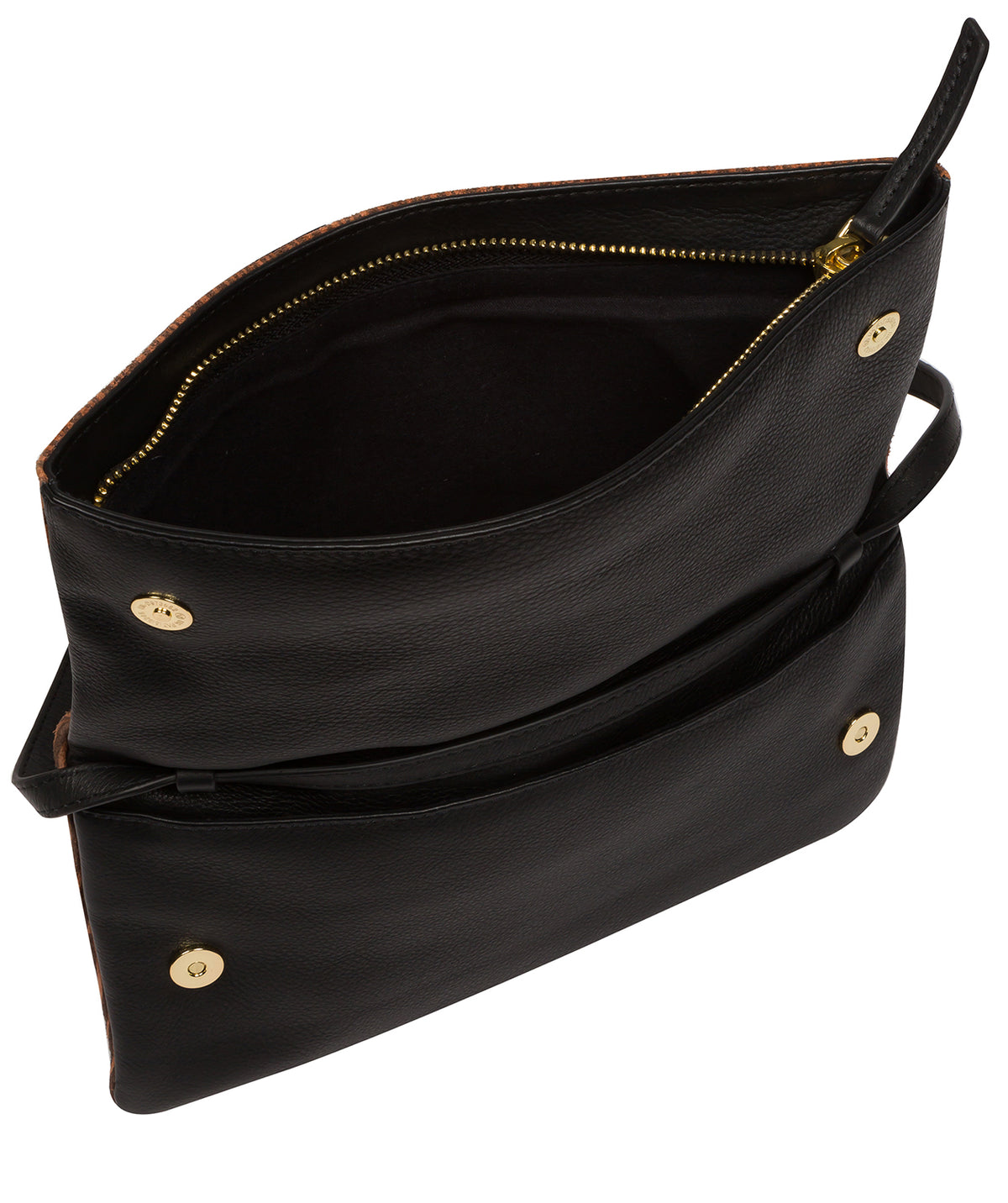Side profile showing gold metal fittings and strap drop