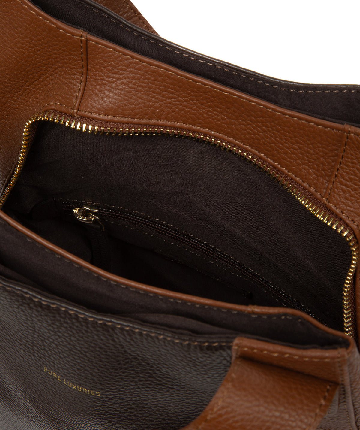 Gold-tone metal fittings and zip-top closure detail