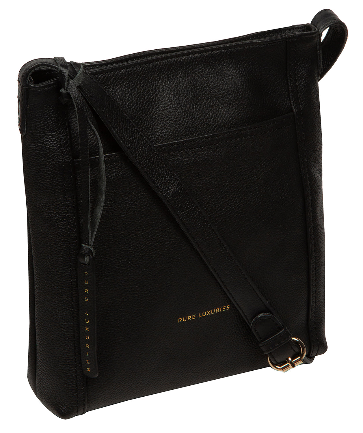 Front exterior slip pockets and embossed gold foil logo