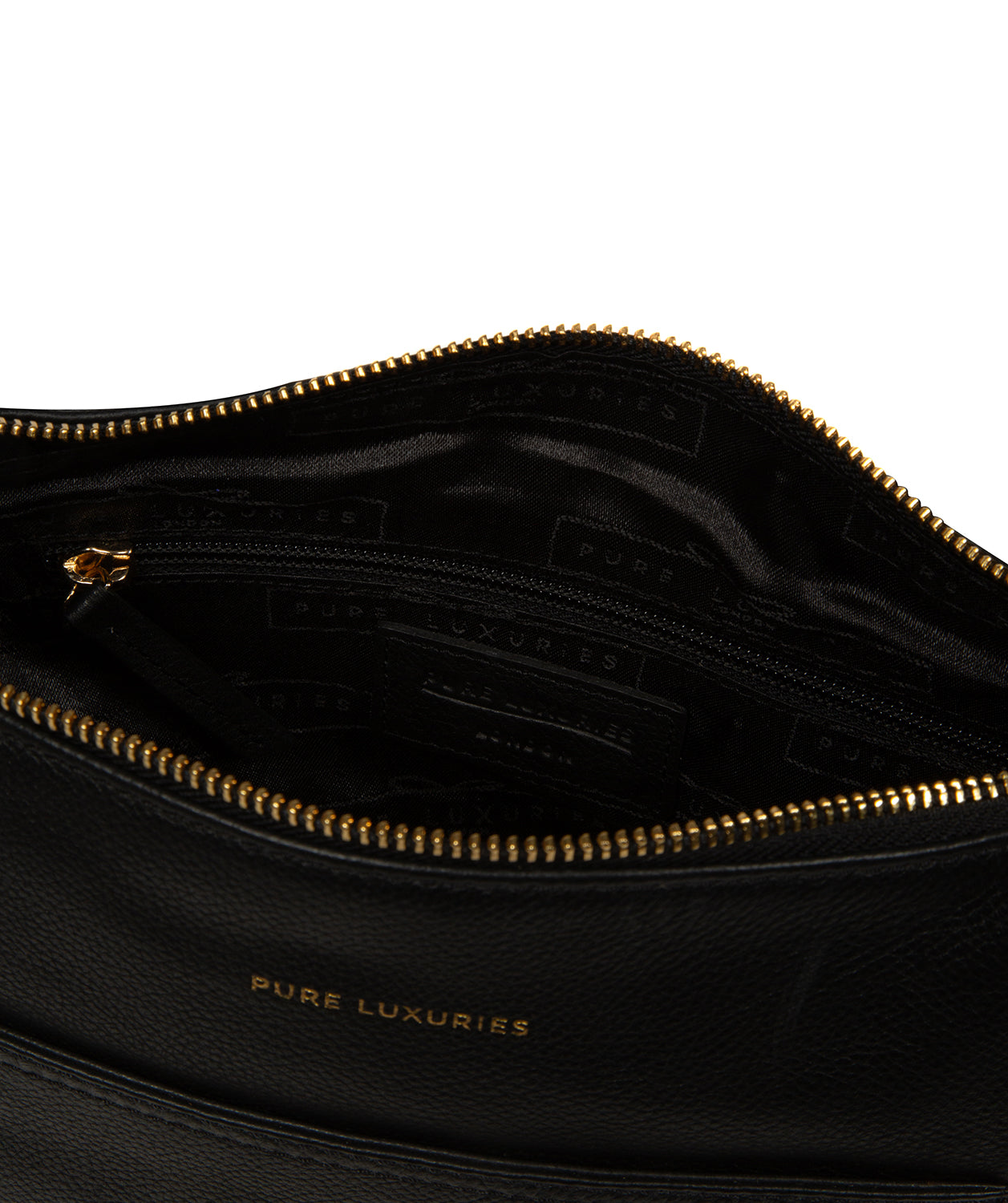 Close-up of gold foil embossed Pure Luxuries logo