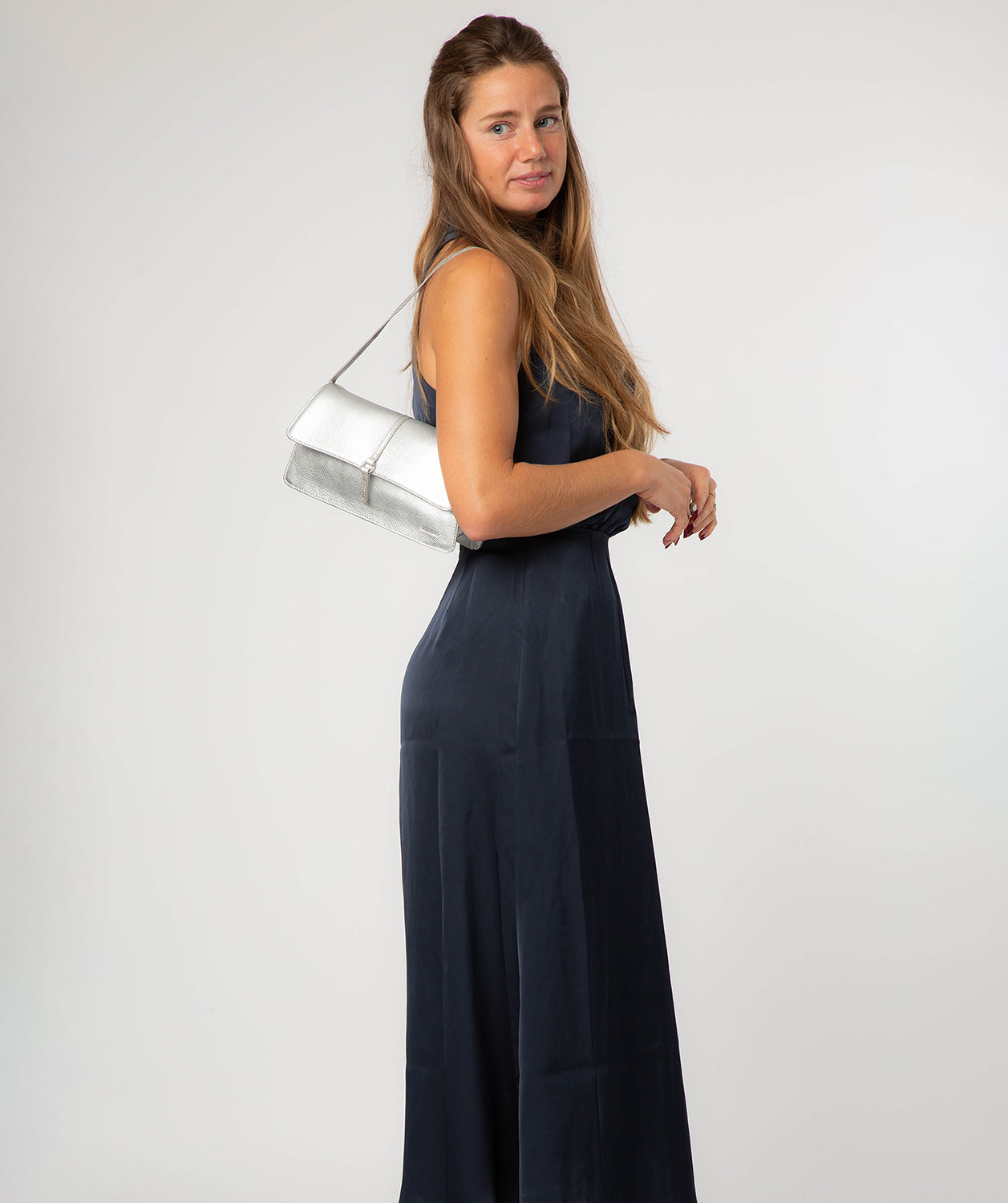 'Sabina' Metallic Silver Leather Grab Bag