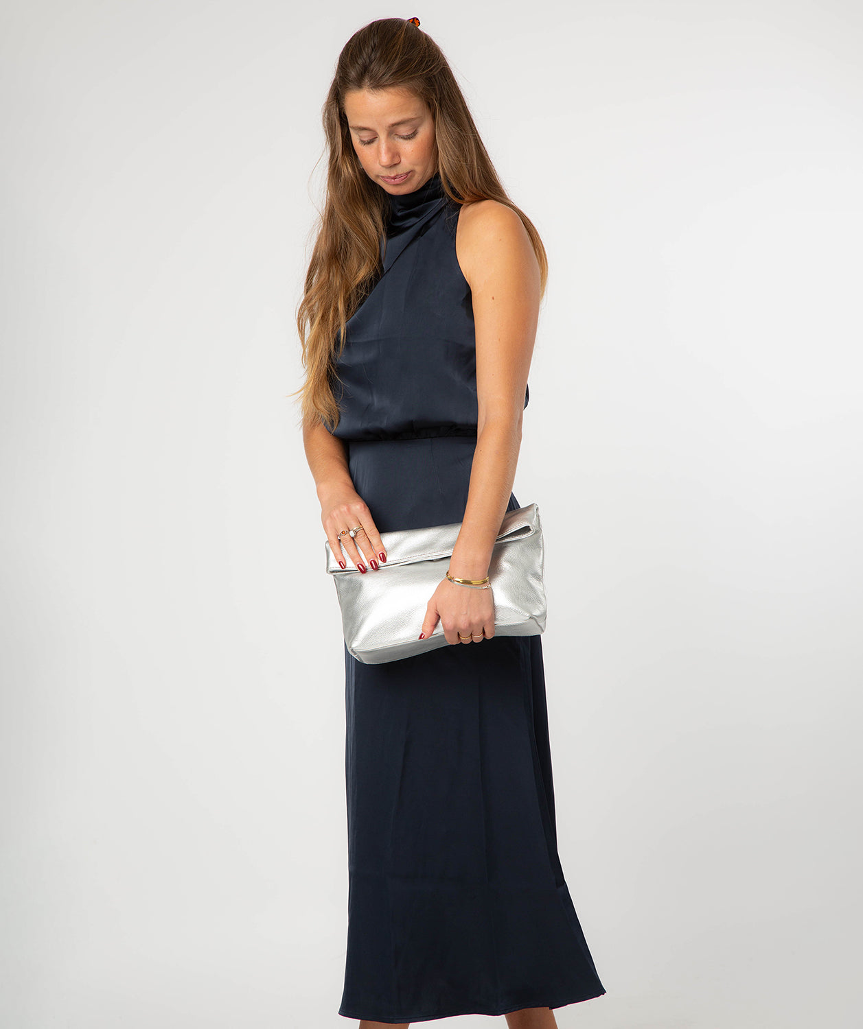 'Sabella' Metallic Silver Leather Clutch Bag