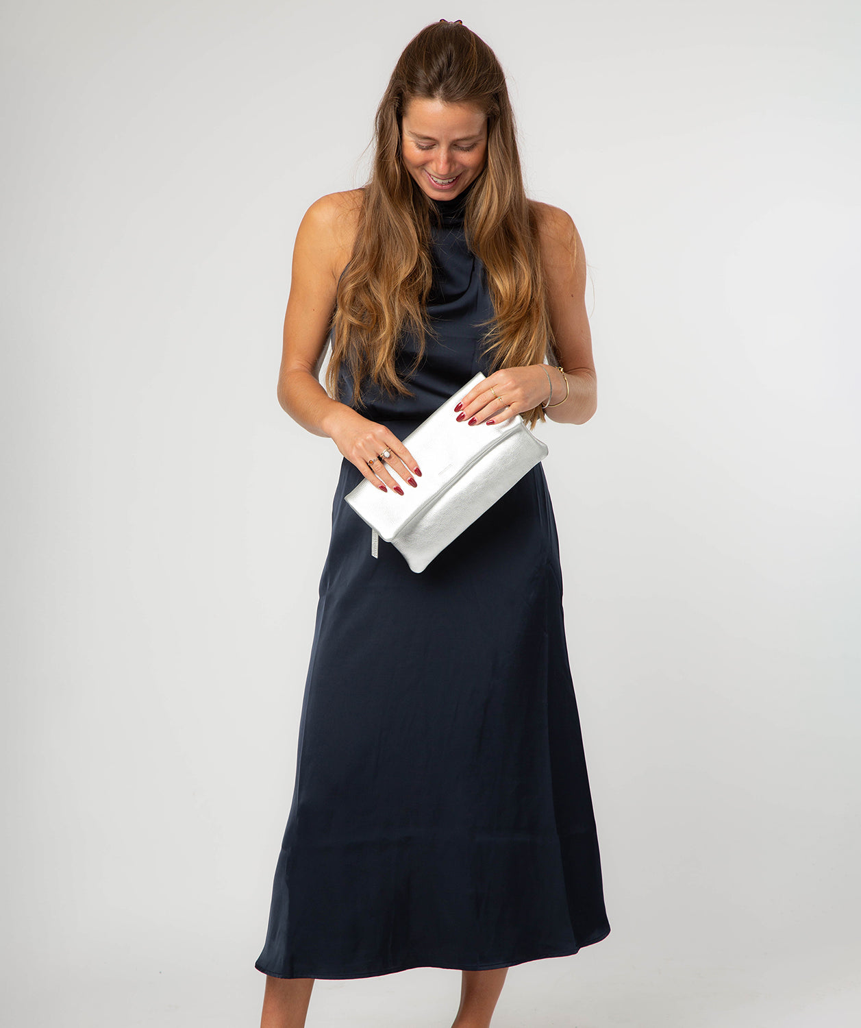 'Audrina' Metallic Silver Leather Clutch Bag