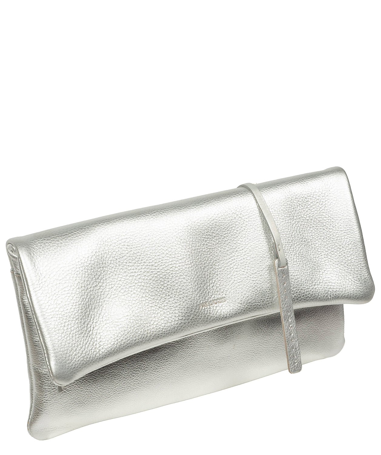Audrina clutch hanging charm and embossed logo detail