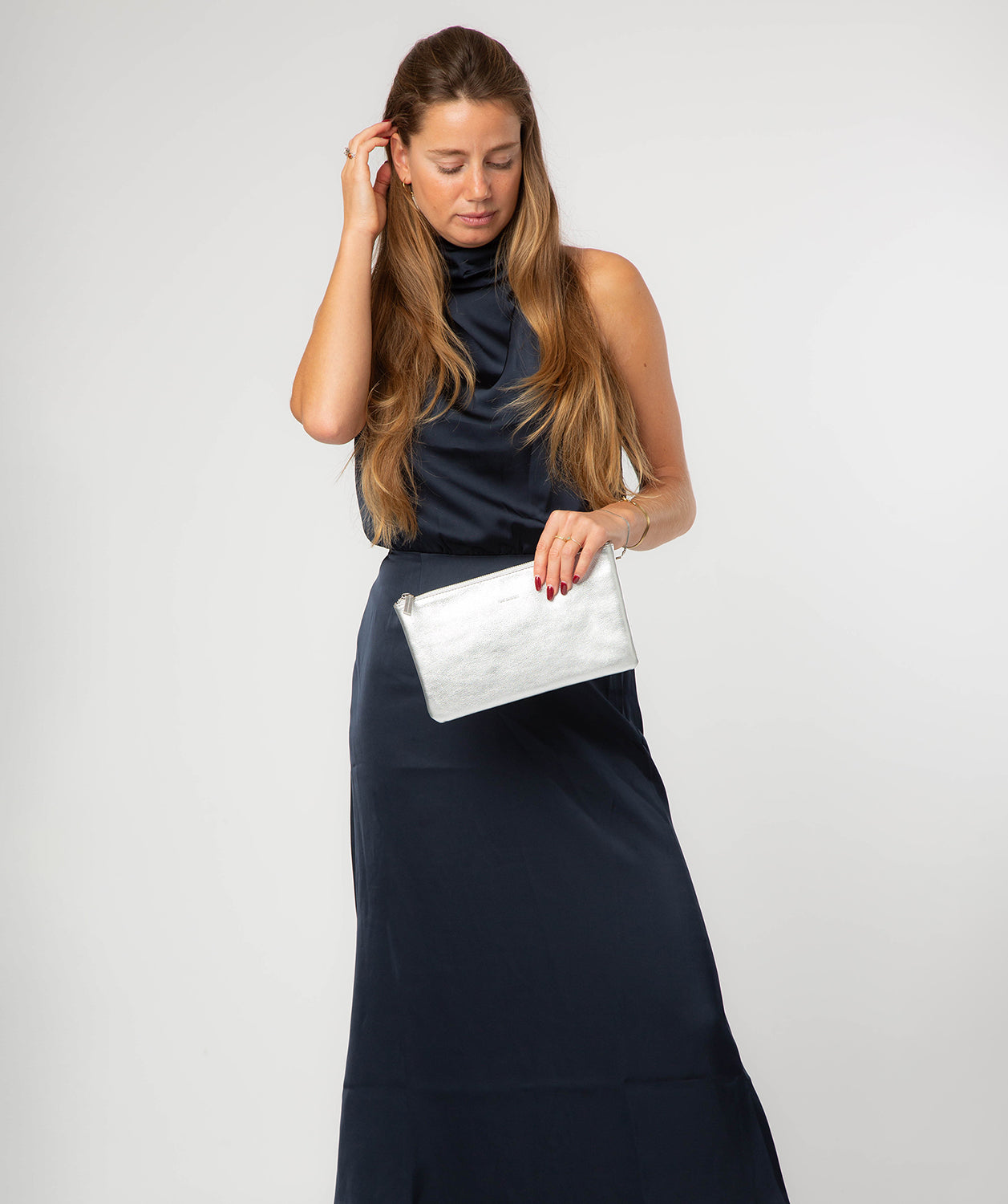 'Emalia' Metallic Silver Leather Clutch Bag