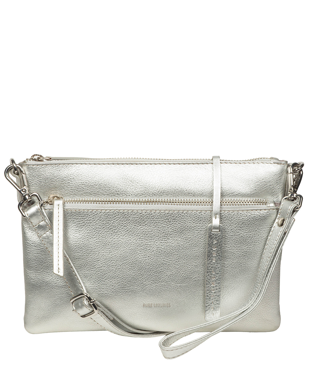 'Estelle' Metallic Silver Leather Clutch and Cross Body Bag