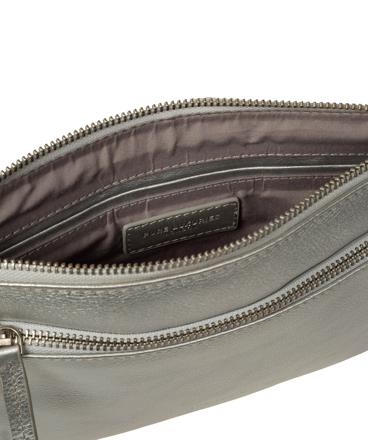 Front exterior zip pocket and embossed logo detail