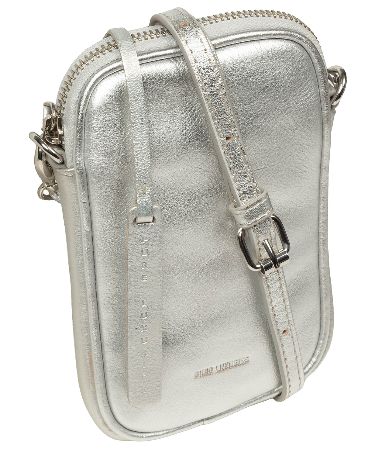 Crossbody phone bag worn with adjustable leather strap