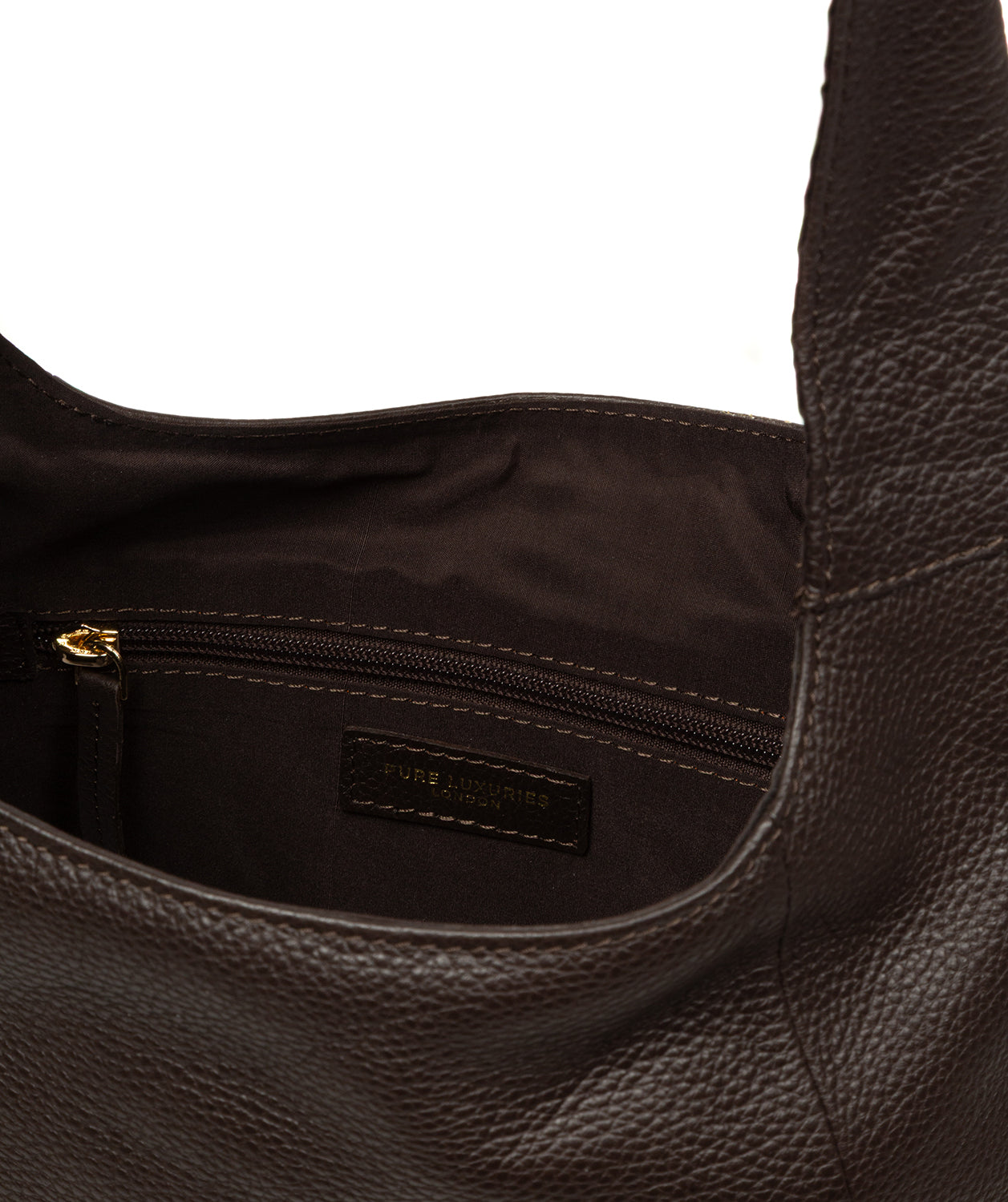 Gold foil Pure Luxuries logo embossed on Grace shoulder bag