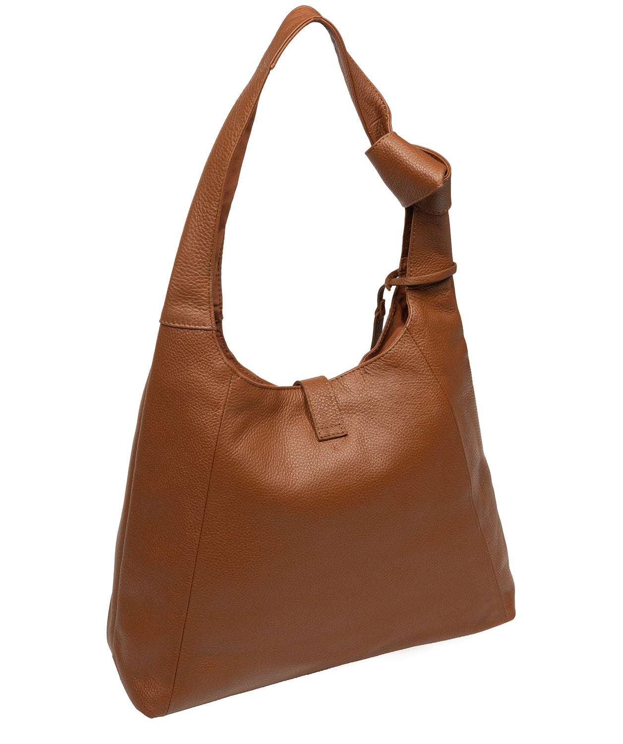 Tan leather shoulder bag side profile showing handle drop