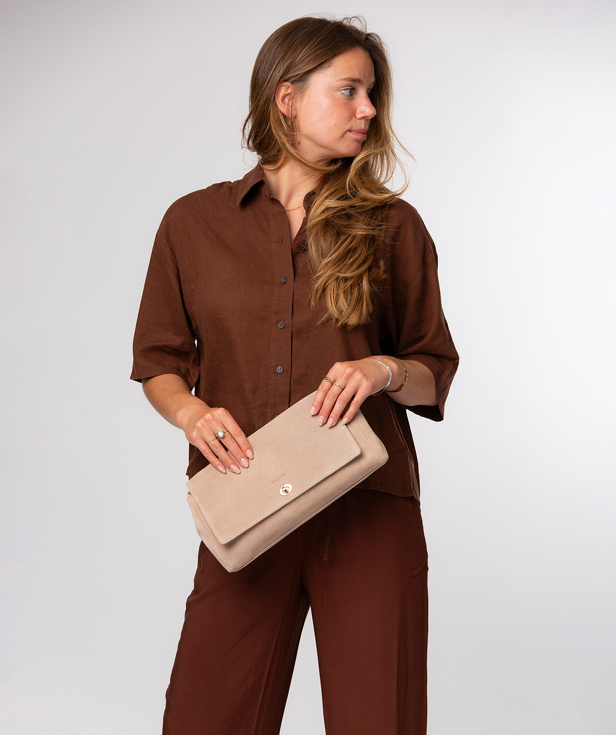 Pure Luxuries Hope latte suede clutch bag front view