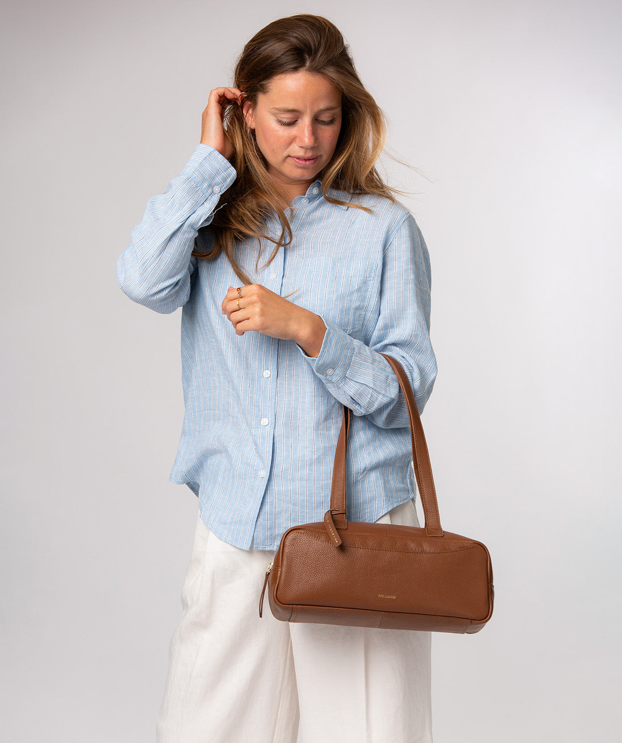 Pure Luxuries Mercy tan pebble grain leather handbag front view