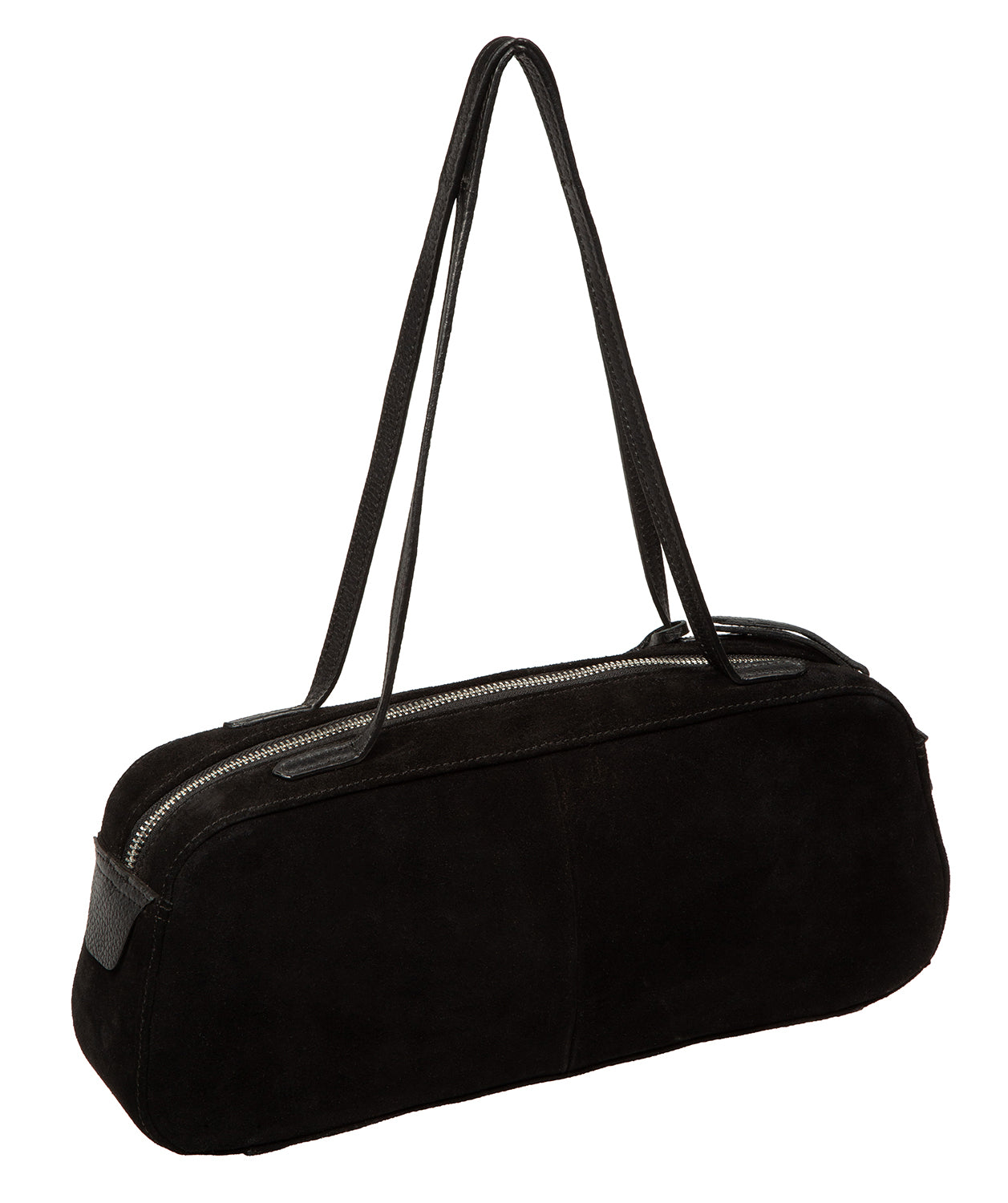 Black suede evening bag side profile with silver hardware