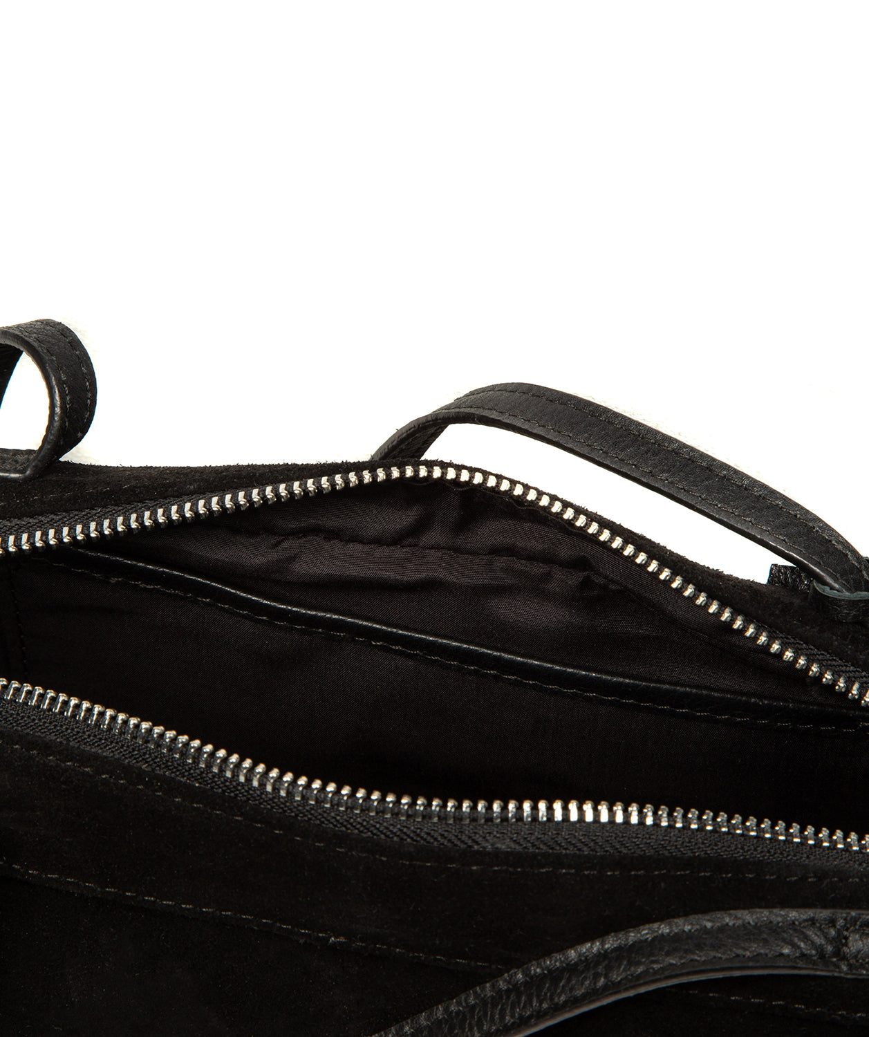 Complete view of black suede Verity evening bag