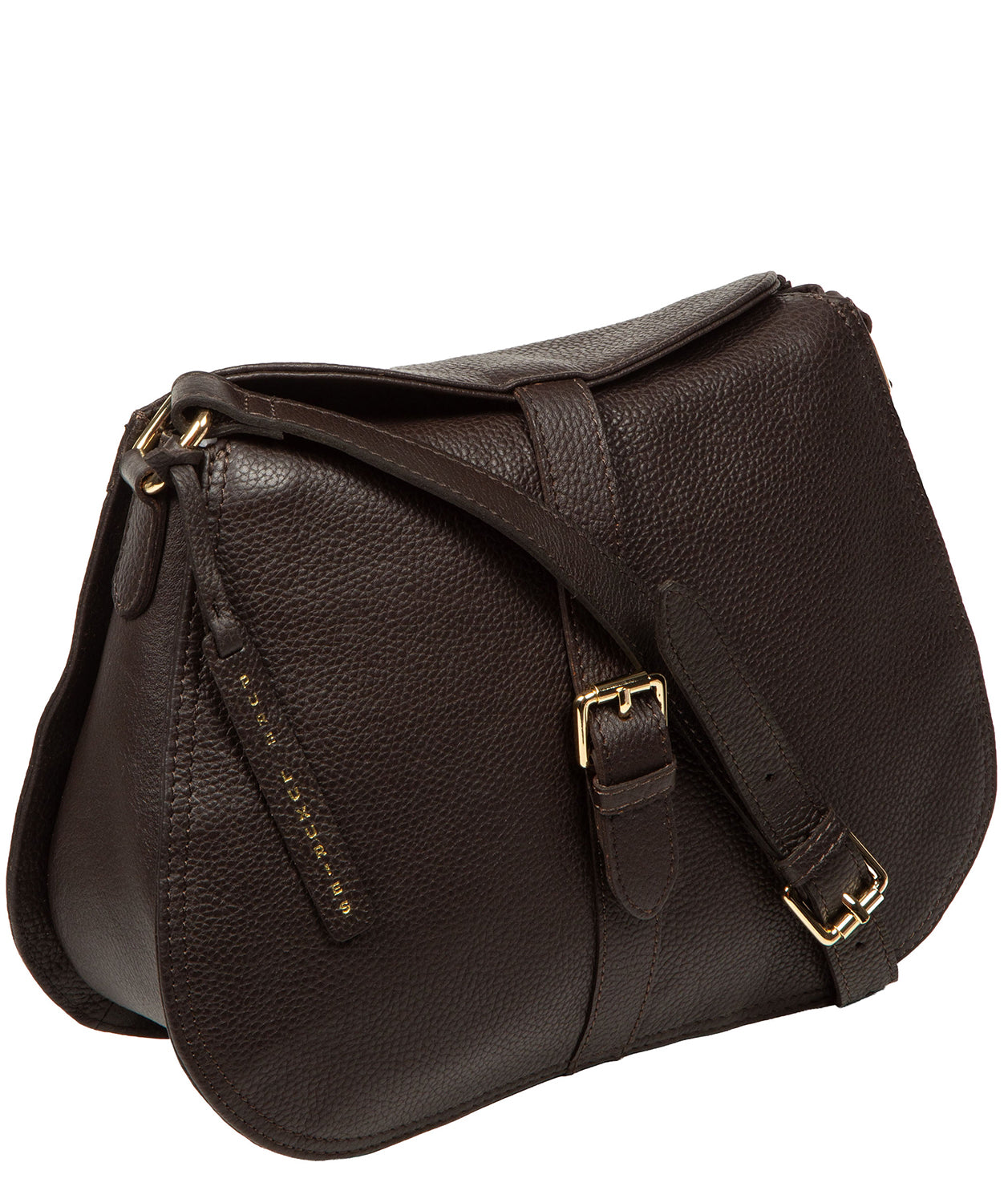 Adjustable leather shoulder strap detail with gold fittings
