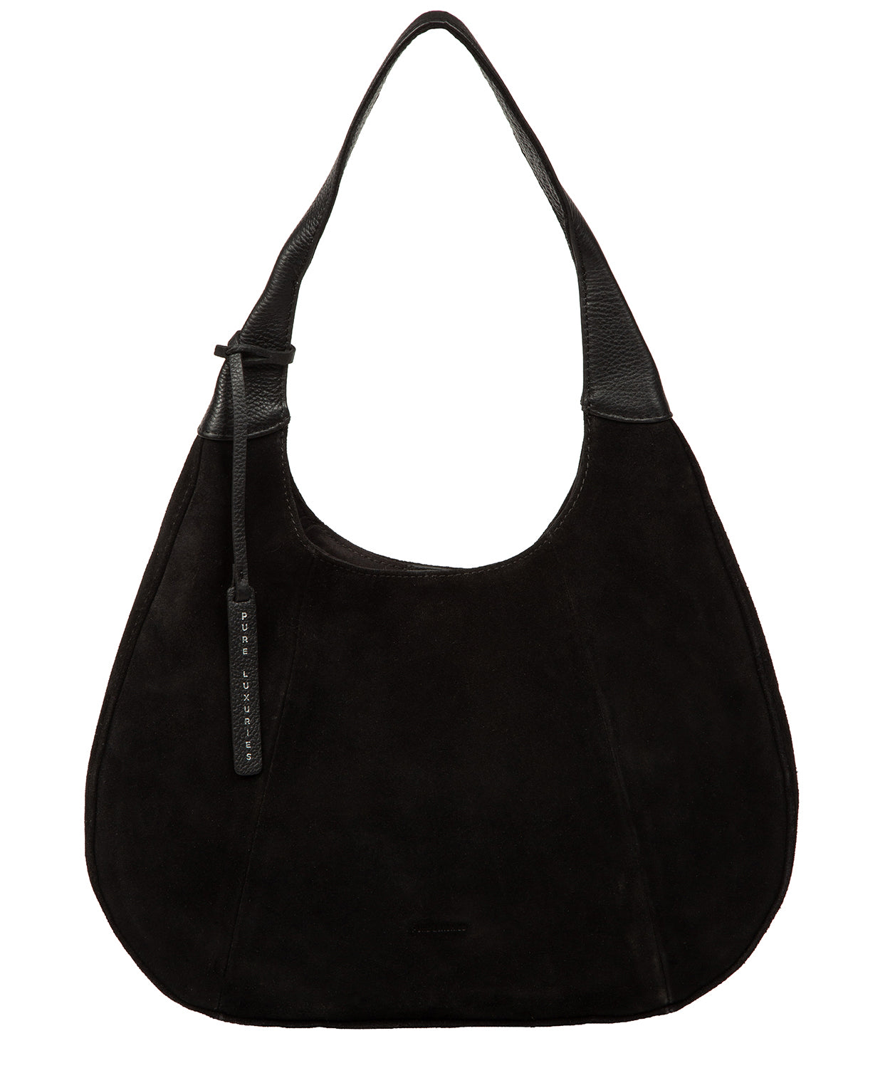 Pure Luxuries black suede Juno handbag front view