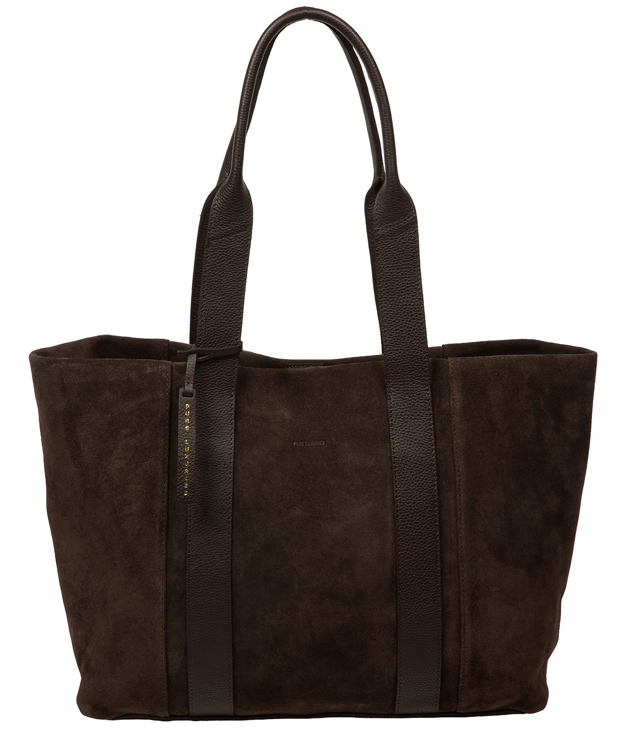 Pure Luxuries Belinda espresso suede and leather tote bag front view