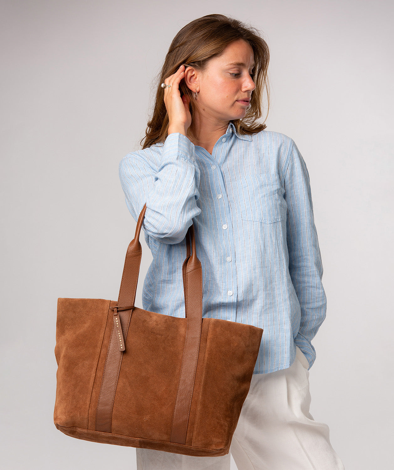 Pure Luxuries Belinda tan suede leather tote bag front view