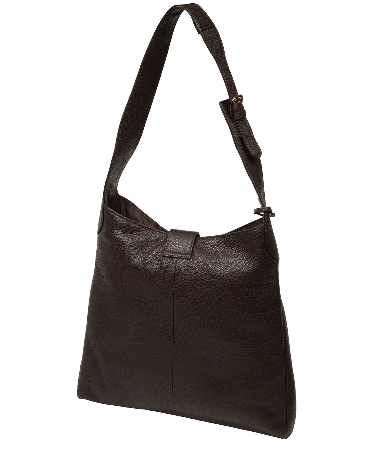 Mock buckle and fold-over strap detail on espresso leather bag