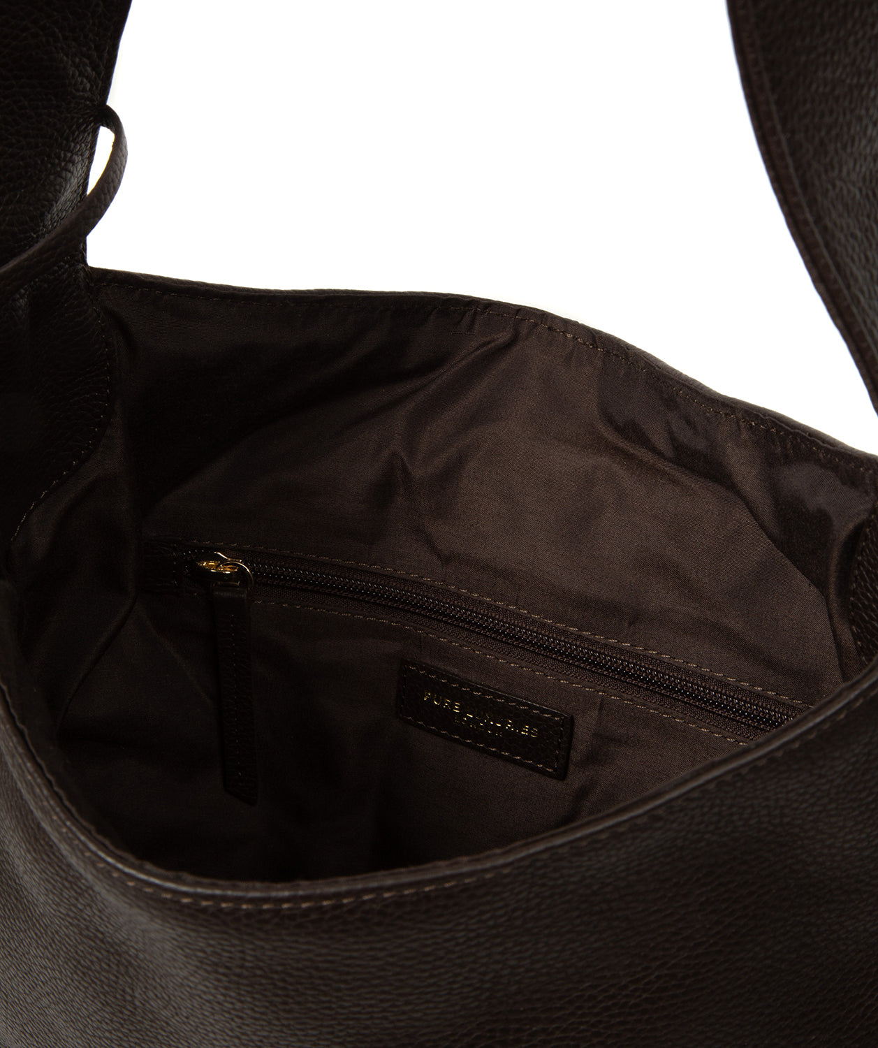 Back view of espresso leather Rowena bag with hanging charm