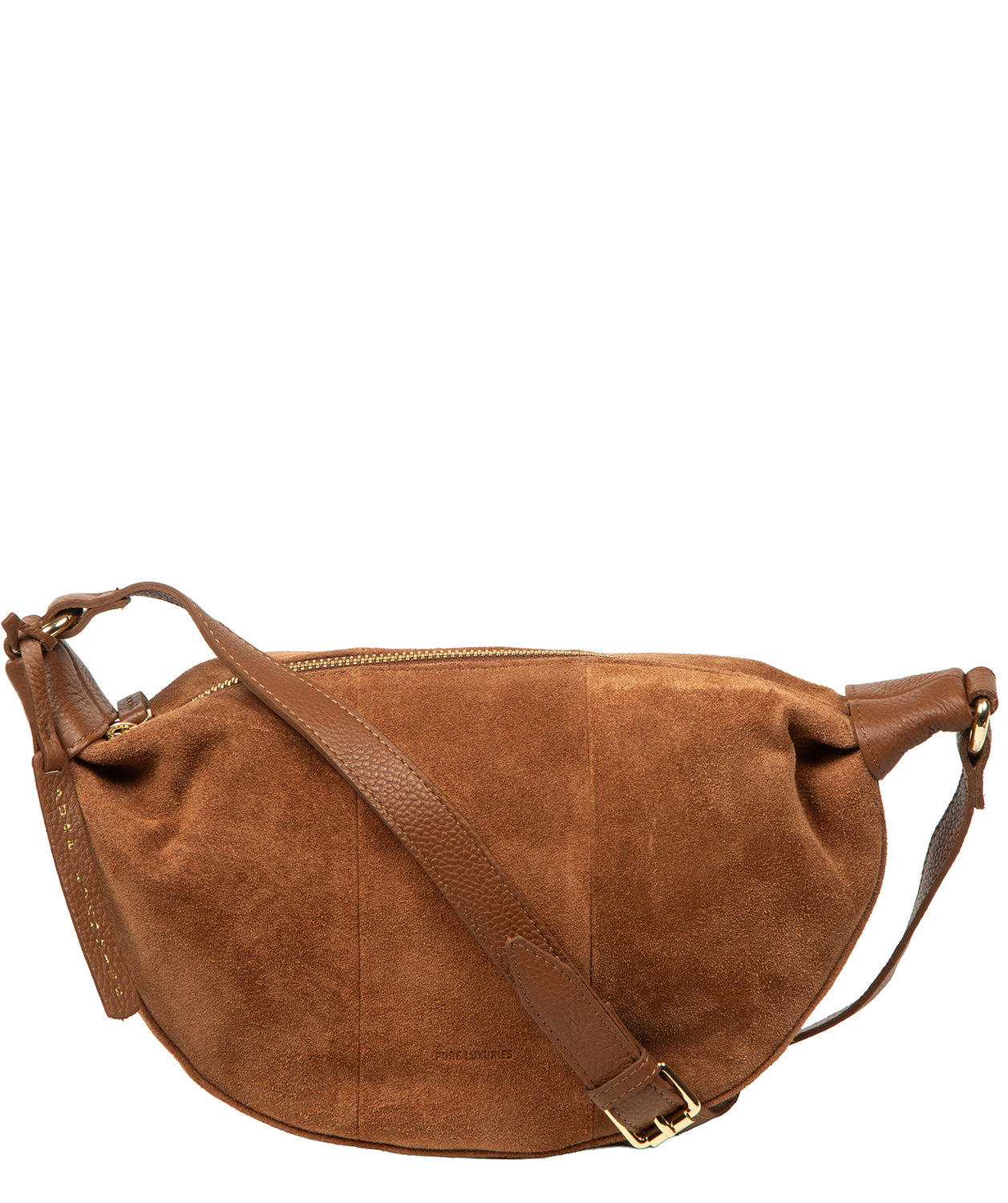 Pure Luxuries Harper tan suede crossbody bag front view