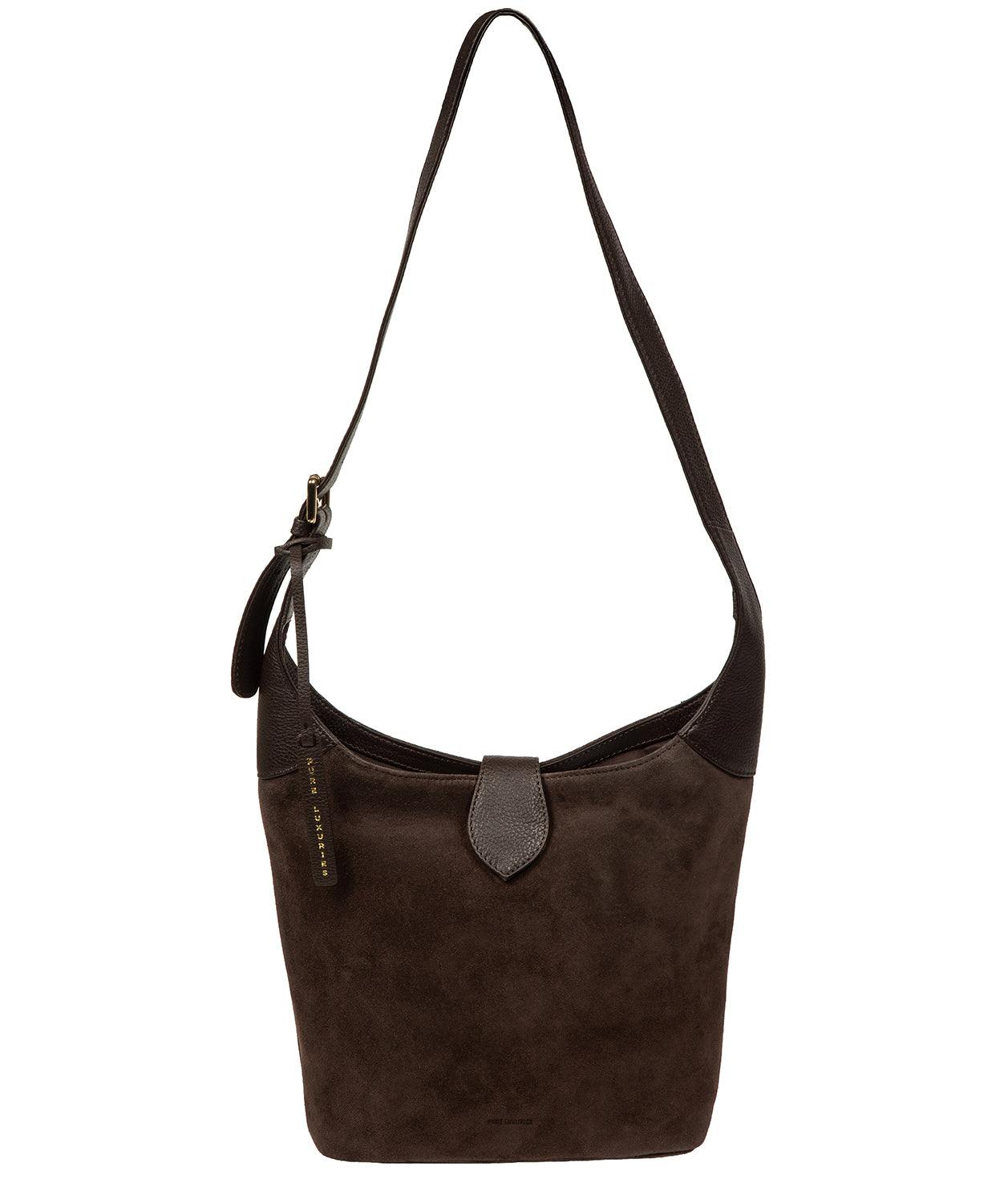 Aria shoulder bag side profile with teardrop press stud fastener