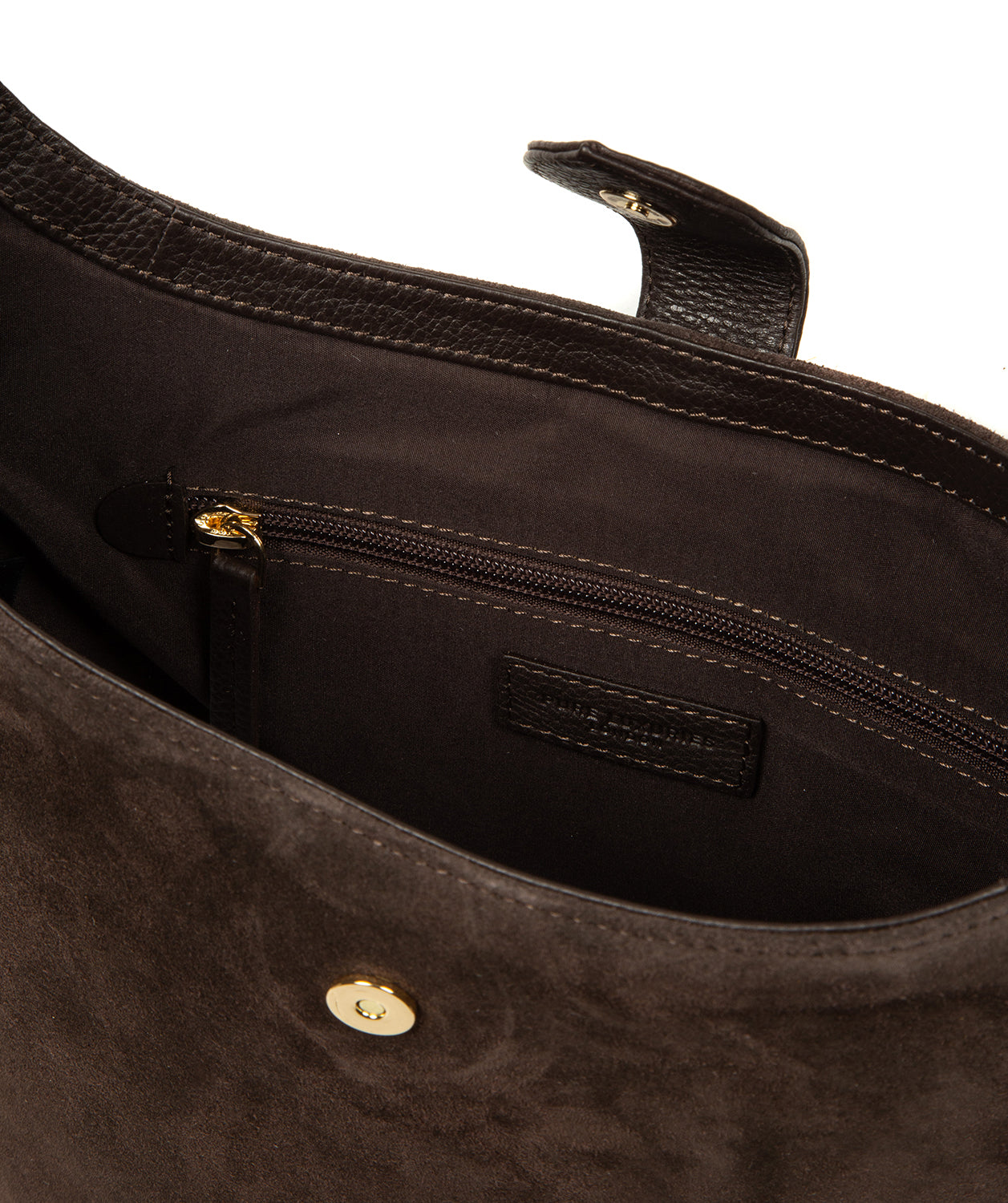 Rich espresso suede texture and hanging charm detail