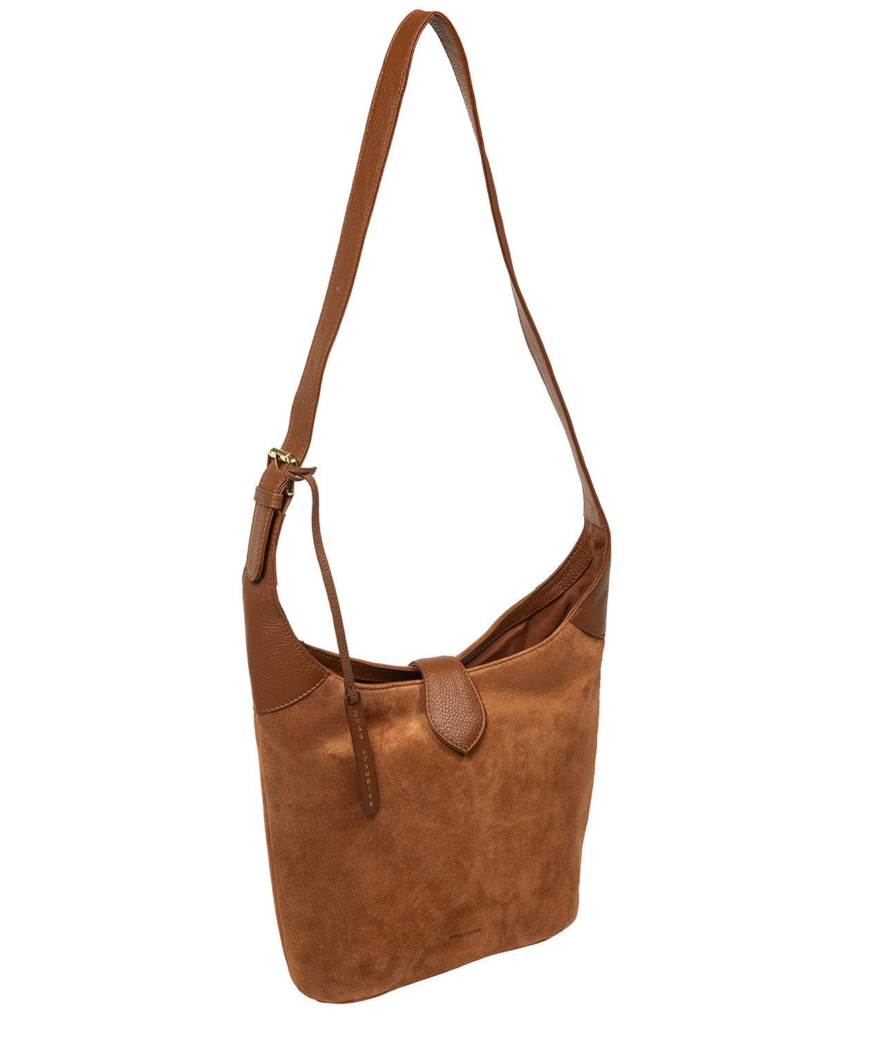 Aria tan suede shoulder bag back view with hanging charm