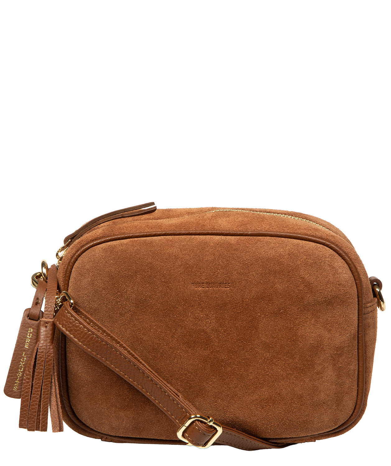 Pure Luxuries Fable tan suede crossbody bag front view