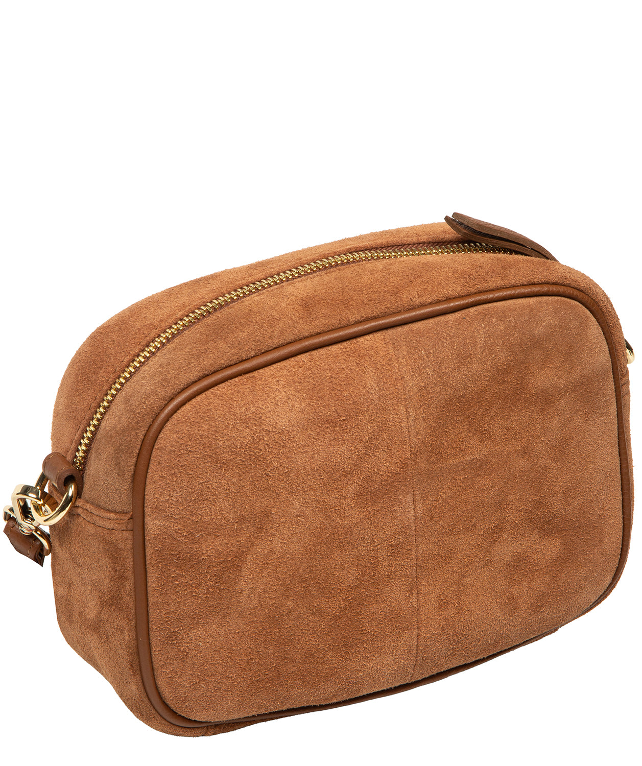 Tan suede exterior with leather trim and decorative tassel detail