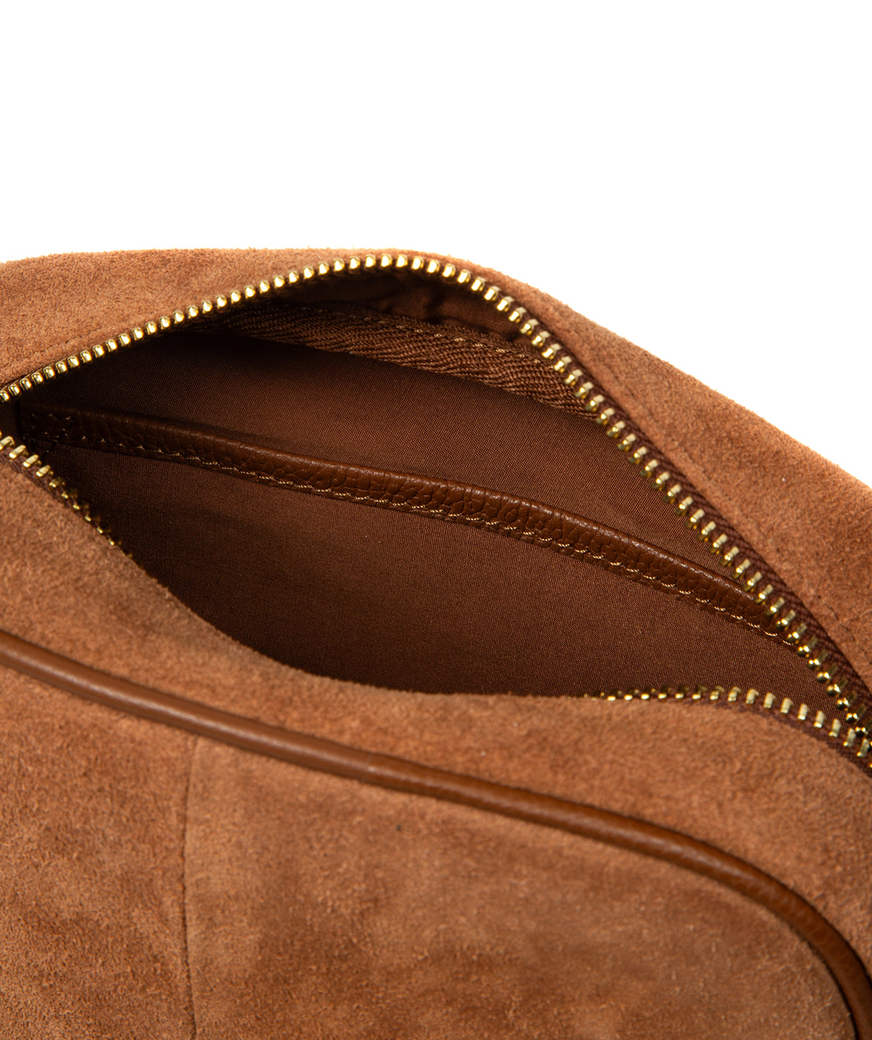 Fable tan suede crossbody bag worn across body demonstration
