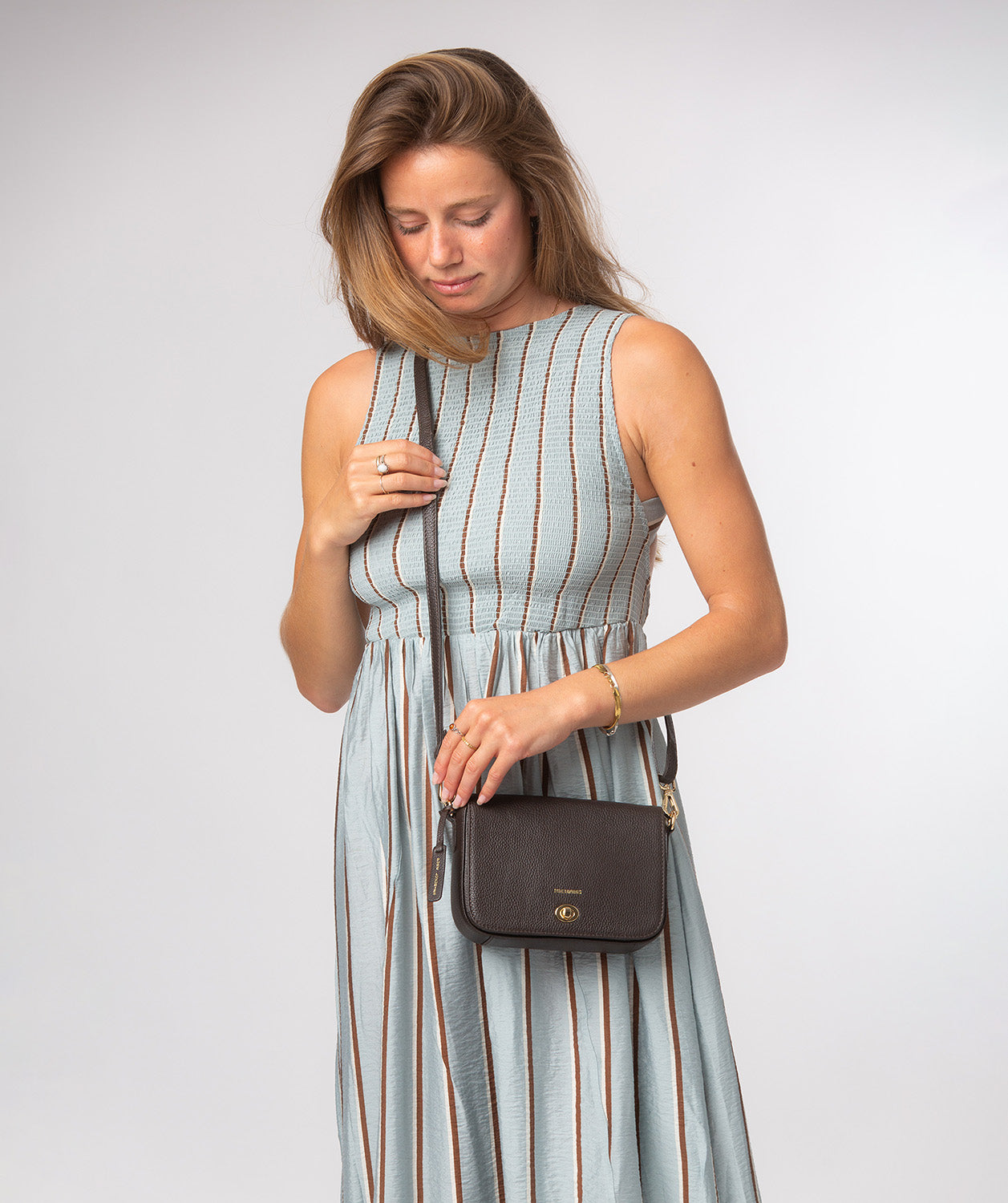 Pure Luxuries Briony espresso pebble grain leather crossbody bag front view