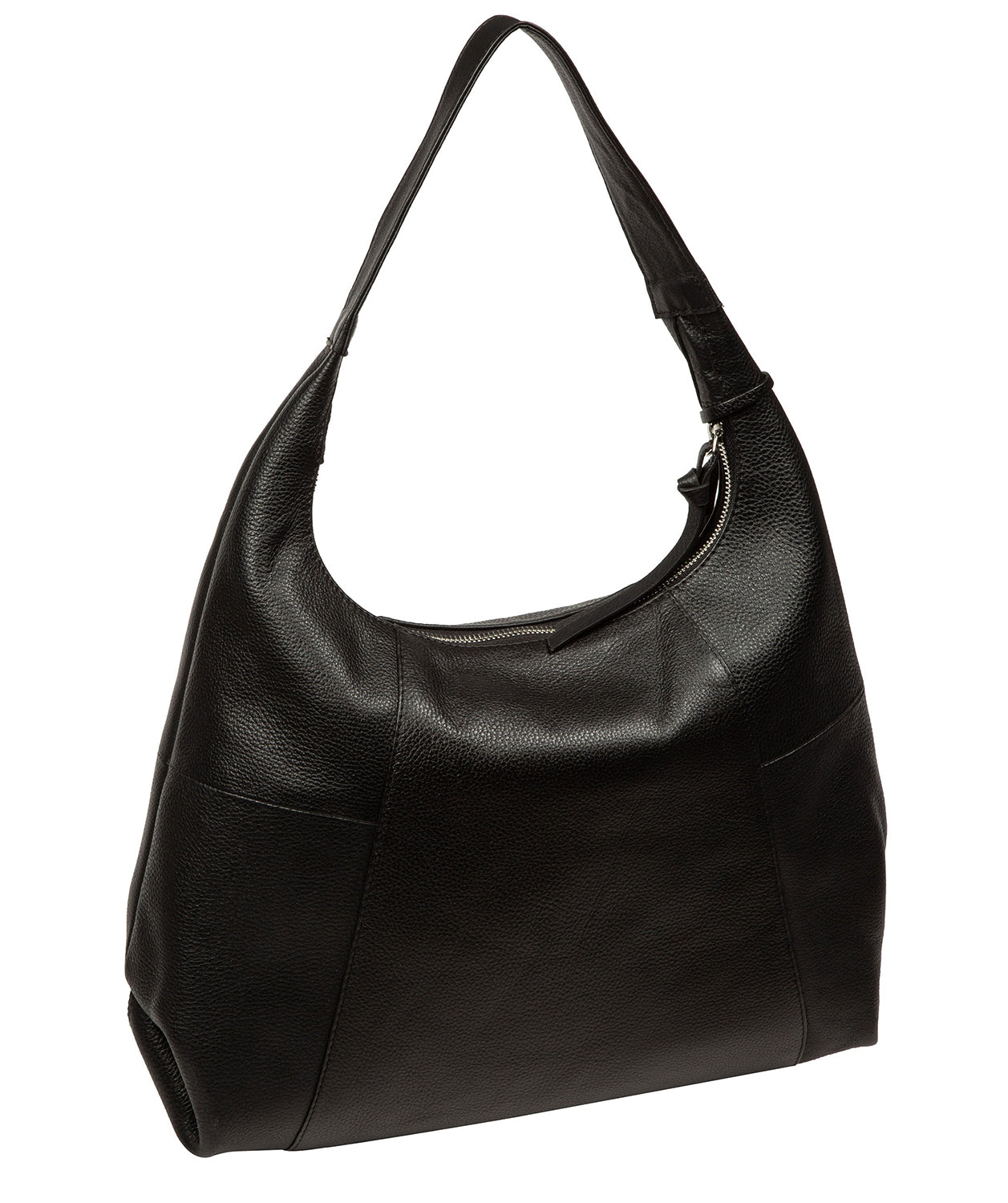 Side profile showing shoulder strap and silver hardware