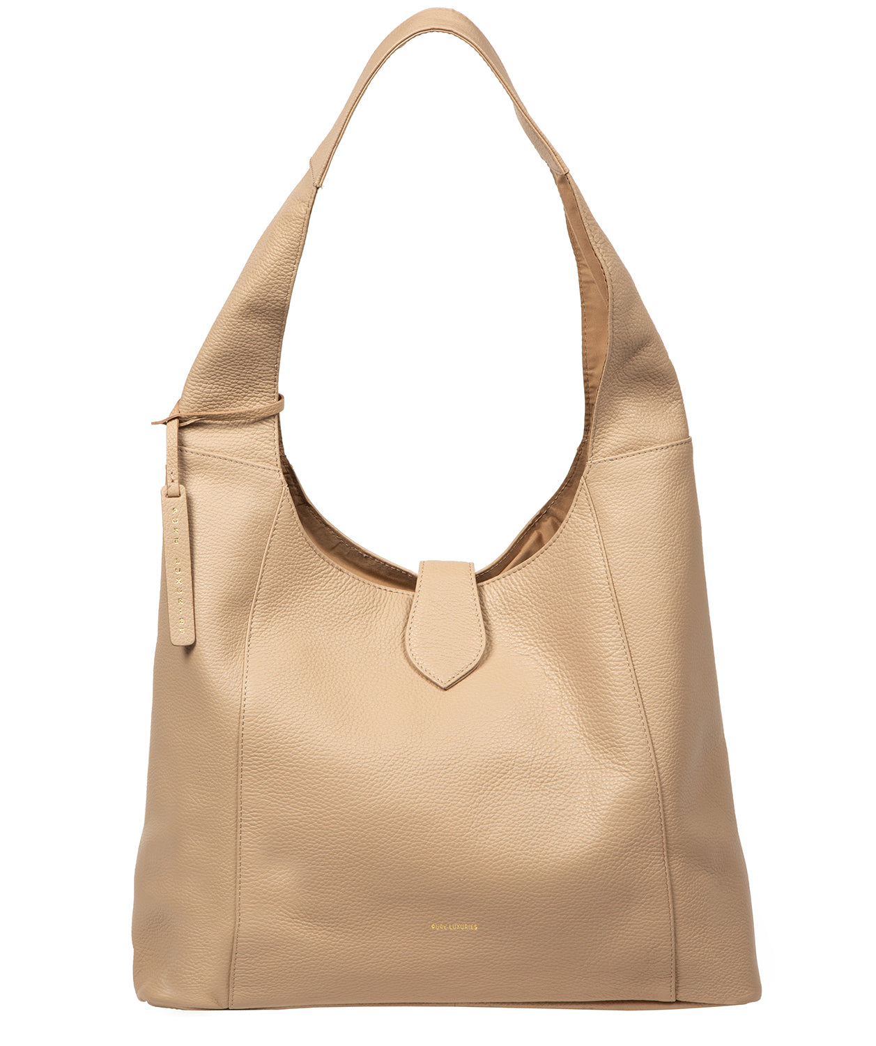 Everly bag fold-over strap and press stud fastener detail