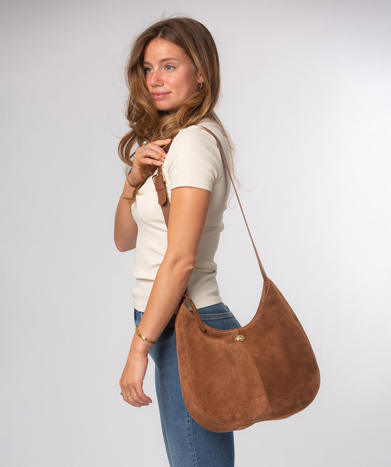 Pure Luxuries Nell tan suede shoulder bag front view