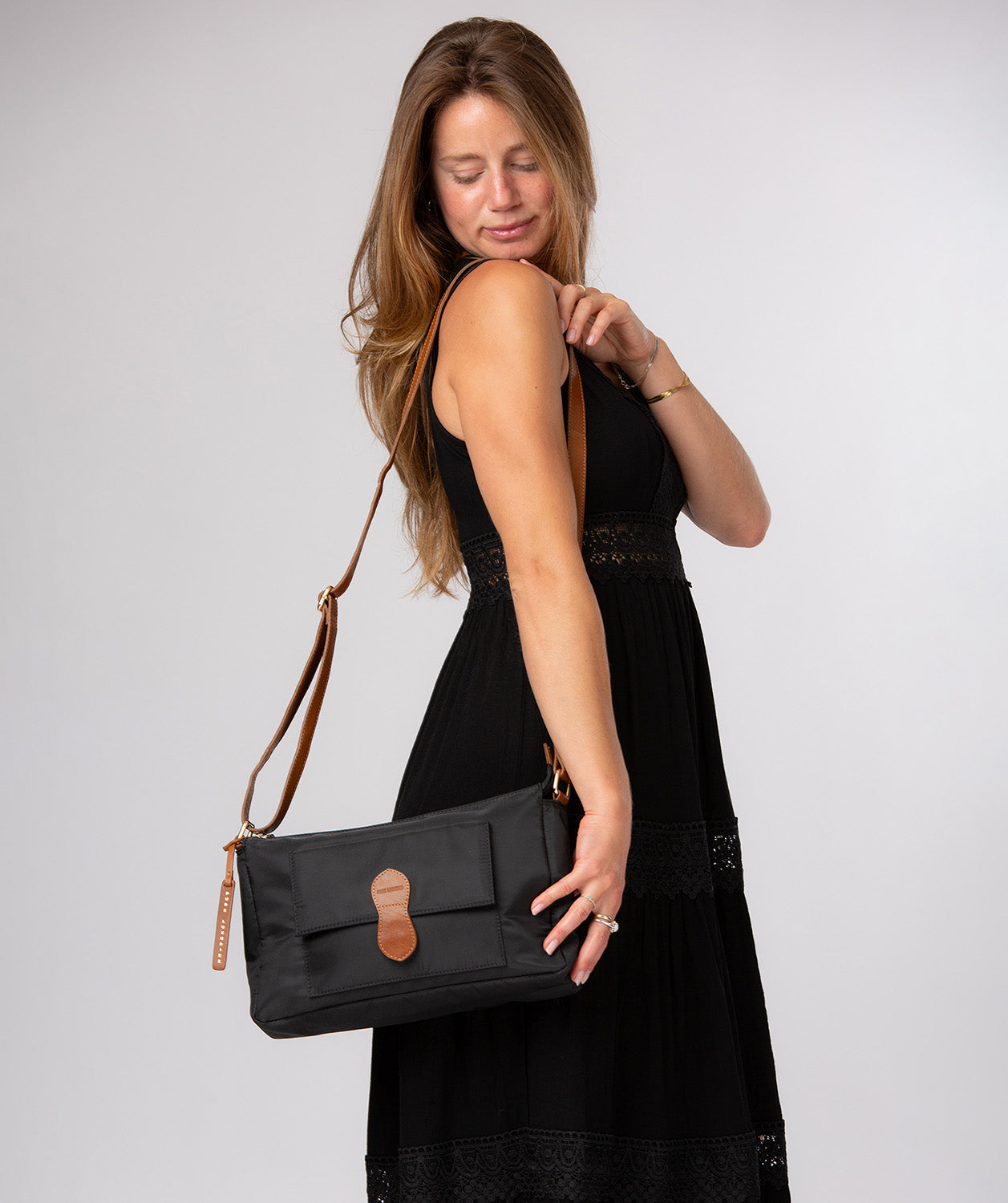 'Margaux' Black & Cognac Canvas & Leather Cross Body Bag