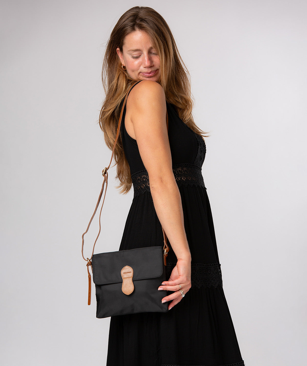 'Alizee' Black & Cognac Canvas & Leather Cross Body Bag