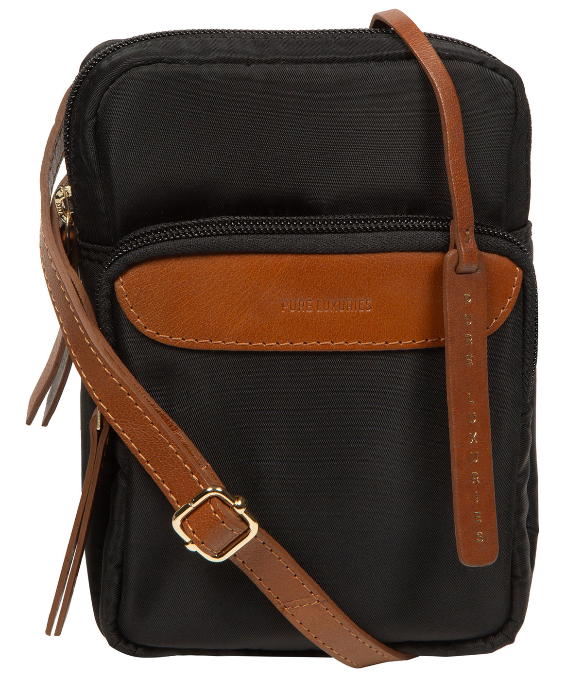 Delphine crossbody bag side profile showing leather strap and hardware