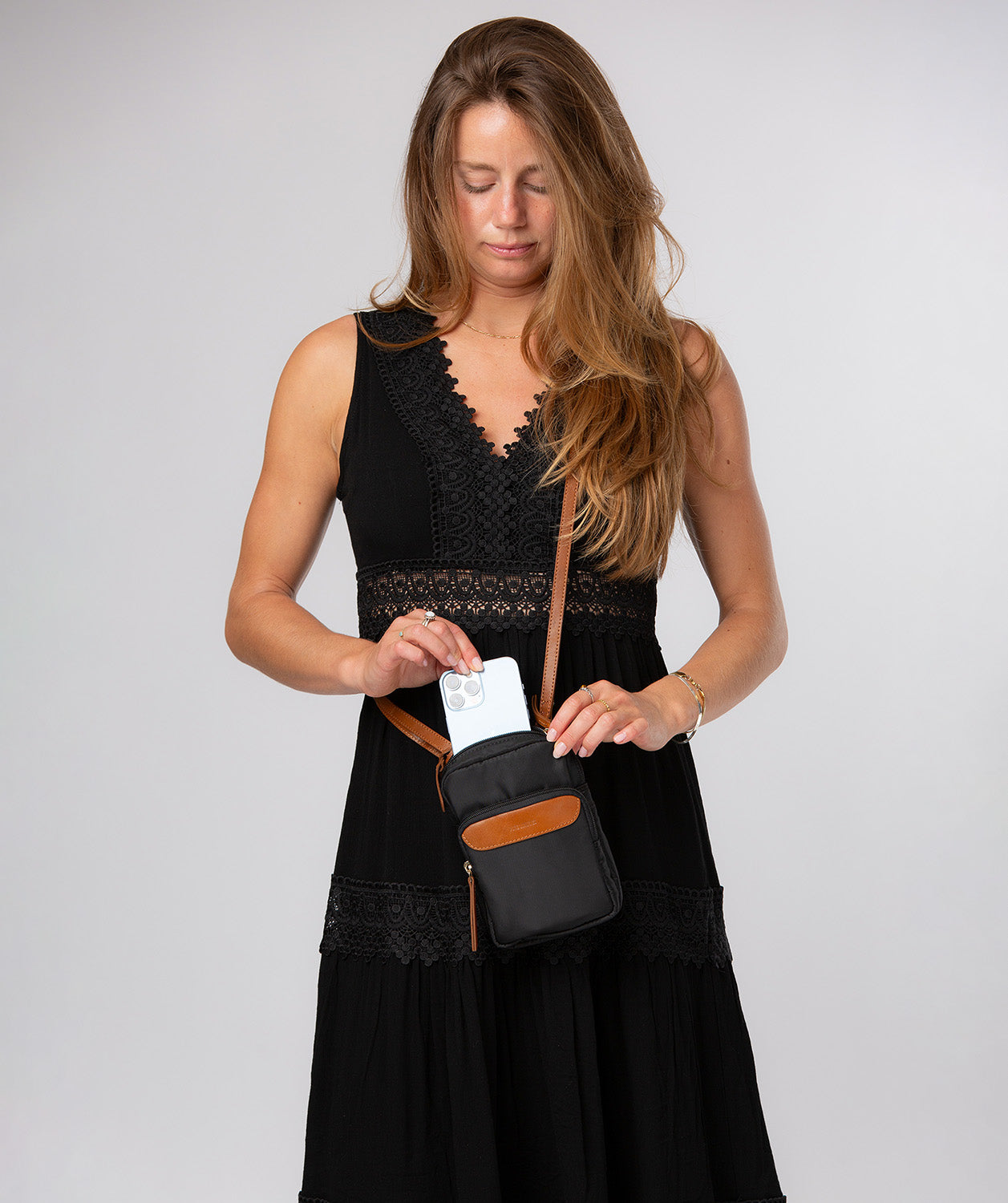 'Delphine' Black & Cognac Canvas & Leather Cross Body Phone Bag