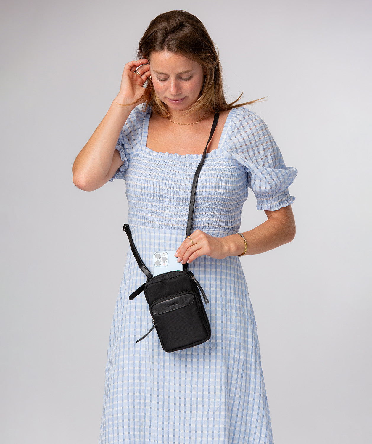 'Delphine' Black Canvas & Leather Cross Body Phone Bag
