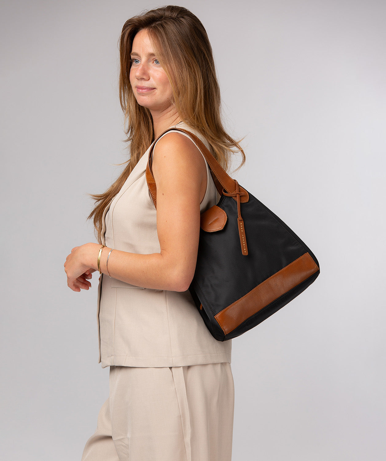 'Antoinette' Black & Cognac Canvas & Leather Handbag