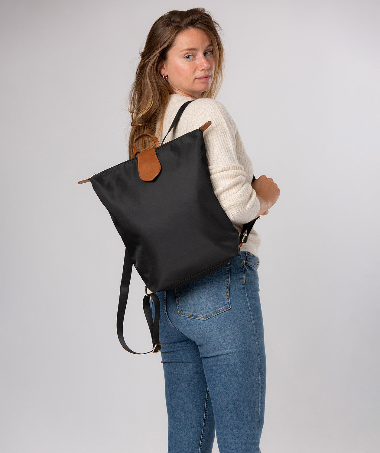 'Louison' Black & Cognac Canvas & Leather Backpack