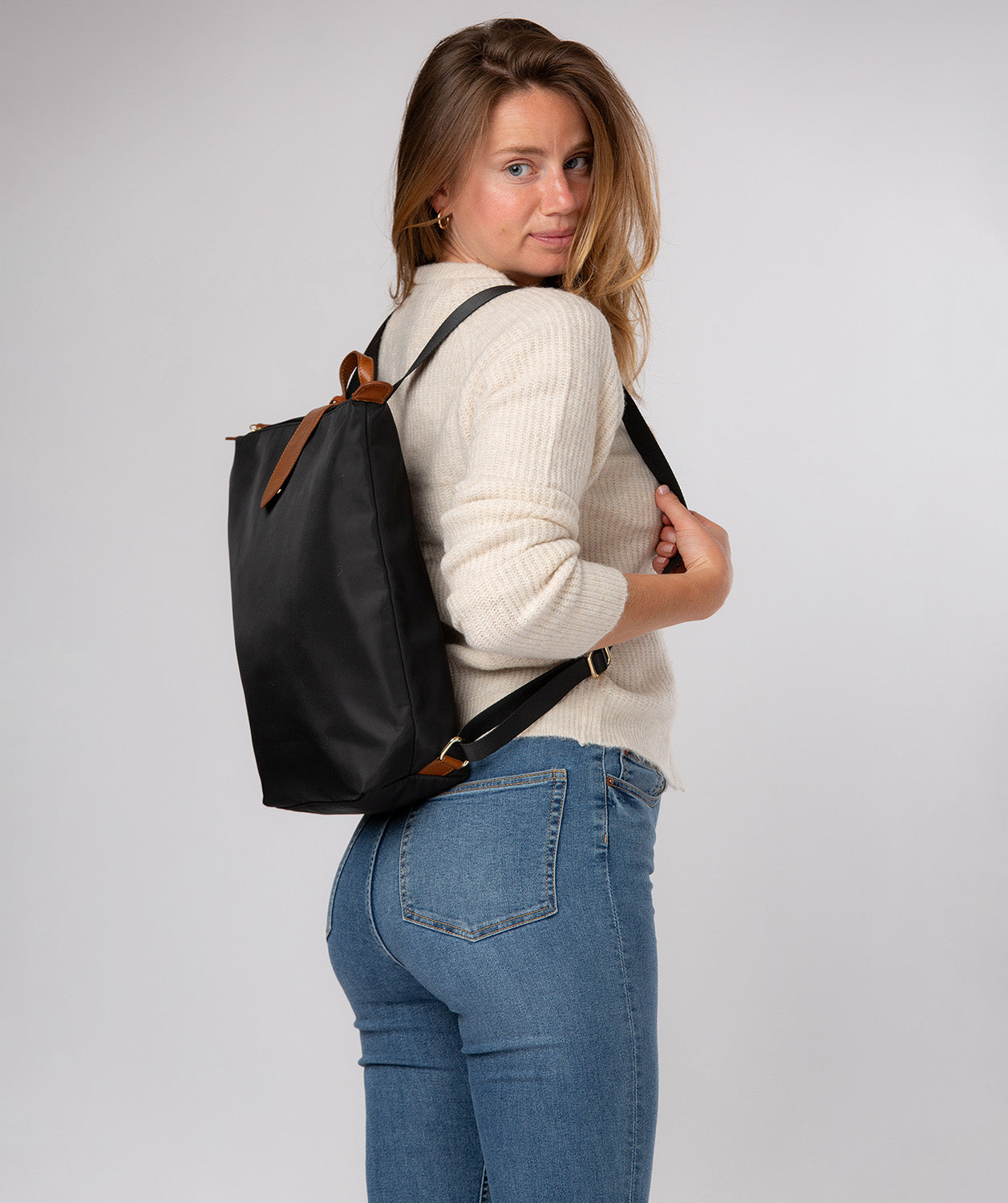 'Louison' Black & Cognac Canvas & Leather Backpack