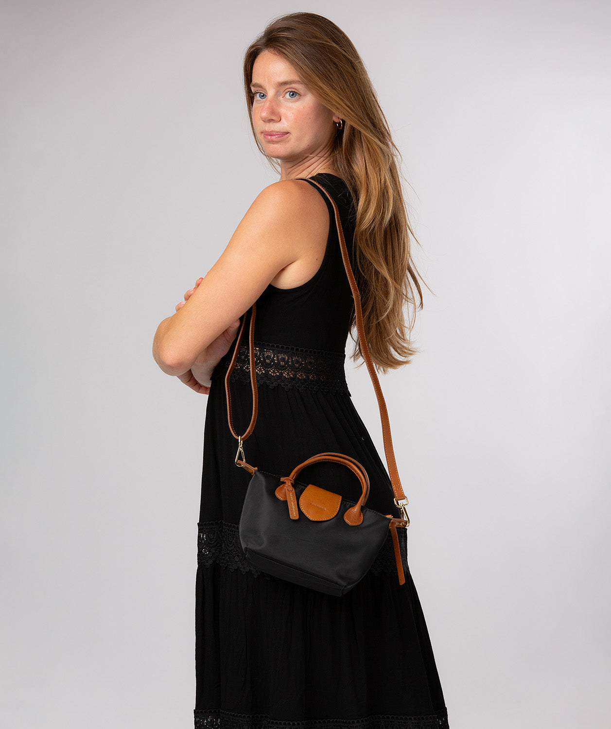 'Helene' Black & Cognac Canvas & Leather Mini Handbag