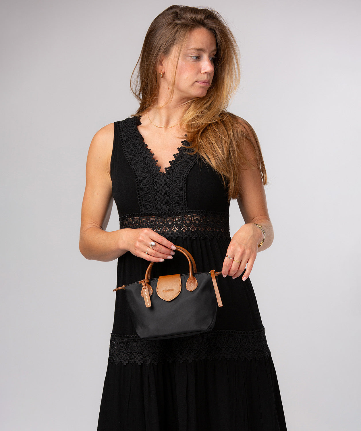 'Helene' Black & Cognac Canvas & Leather Mini Handbag