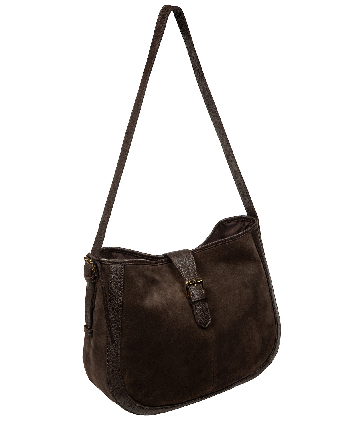 Fold-over buckle detail with blind embossed Pure Luxuries logo