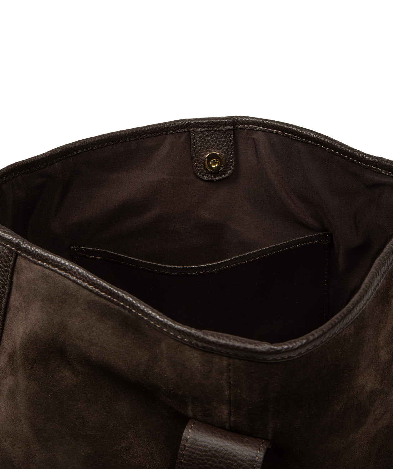 Back view espresso suede shoulder bag with gold metal fittings
